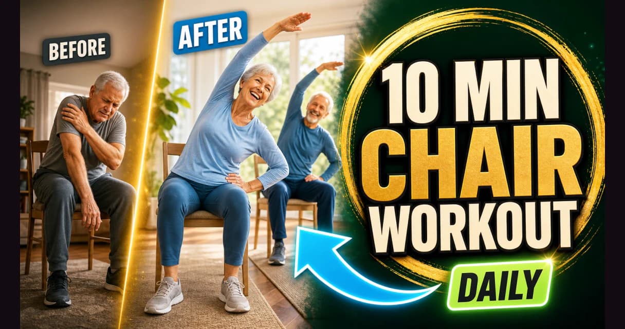 Two seniors doing a lively seated chair workout together in a bright living room