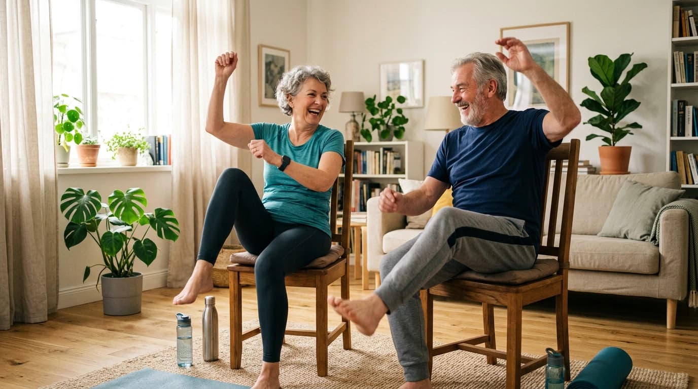 Two seniors doing a lively seated chair workout together in a bright living room