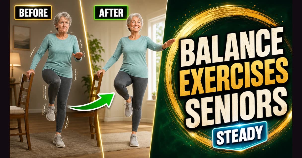 A senior woman doing a single-leg balance exercise while holding a sturdy chair for support