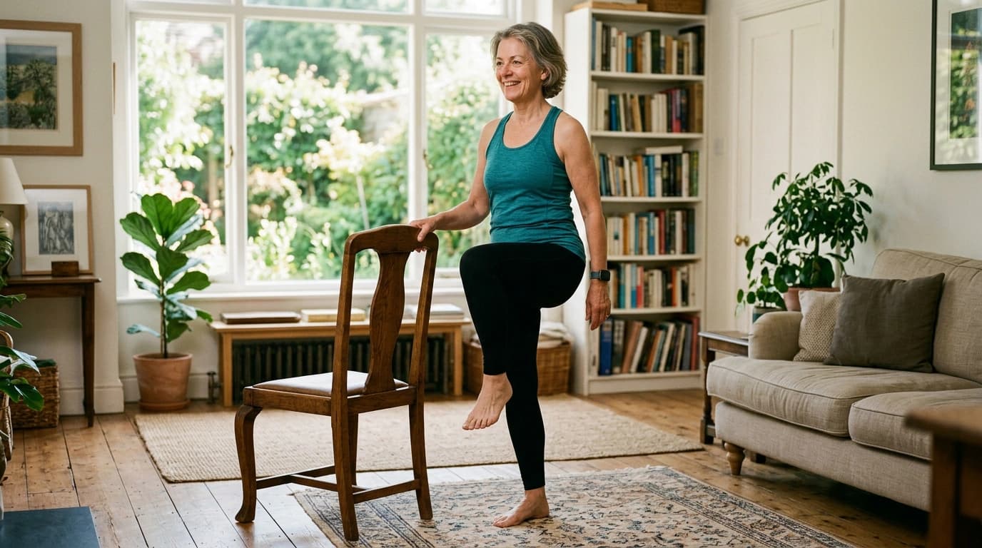 A senior woman doing a single-leg balance exercise while holding a sturdy chair for support