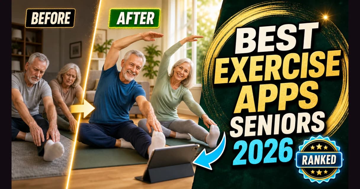 An older couple exercising at home following a fitness app on a tablet
