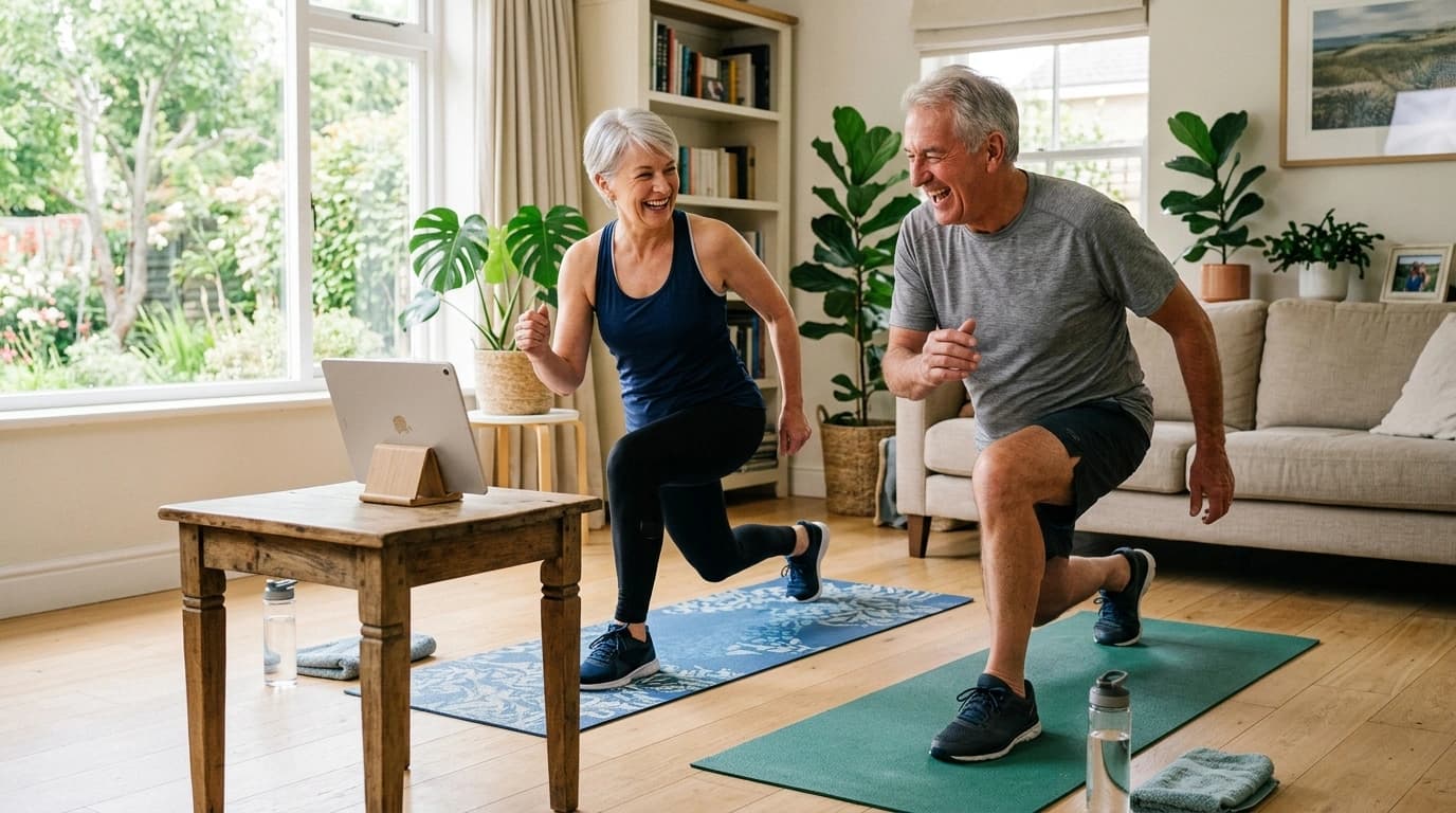 An older couple exercising at home following a fitness app on a tablet