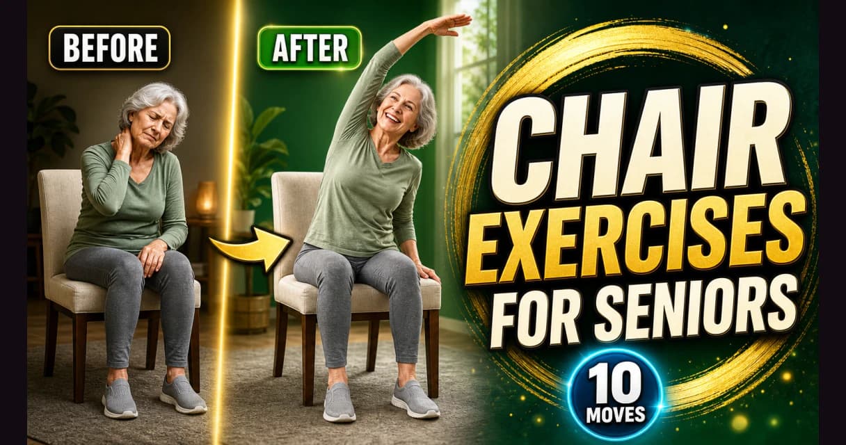 A senior woman doing a gentle seated chair stretch in a bright living room