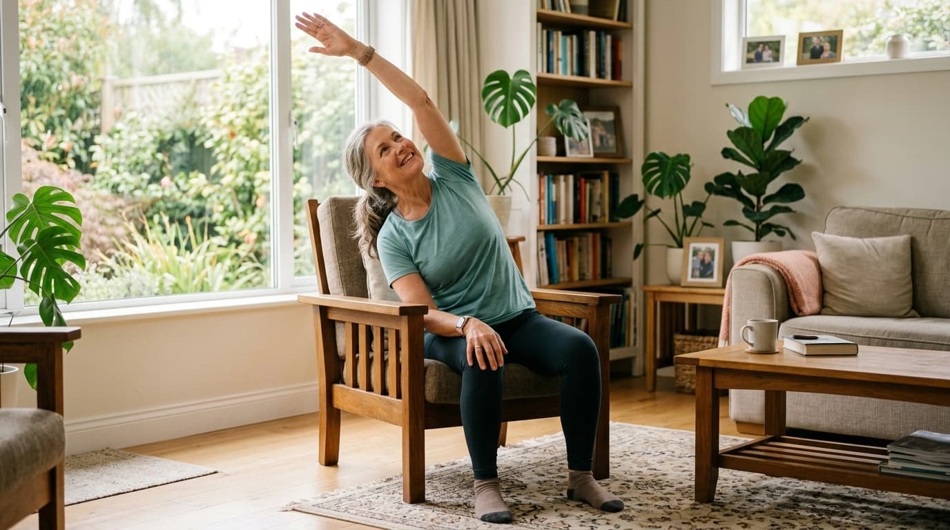 A senior woman doing a gentle seated chair stretch in a bright living room