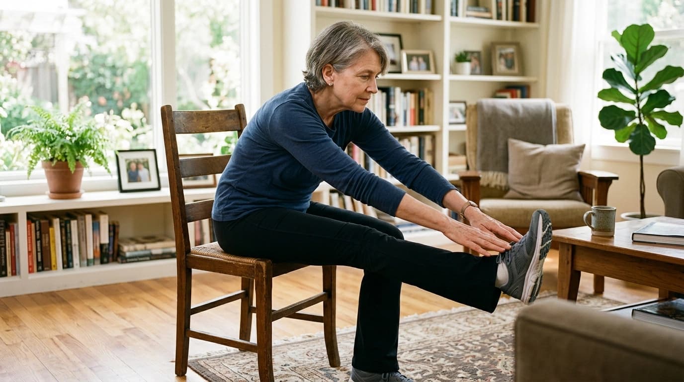 A senior woman doing a gentle seated hamstring stretch with one leg extended