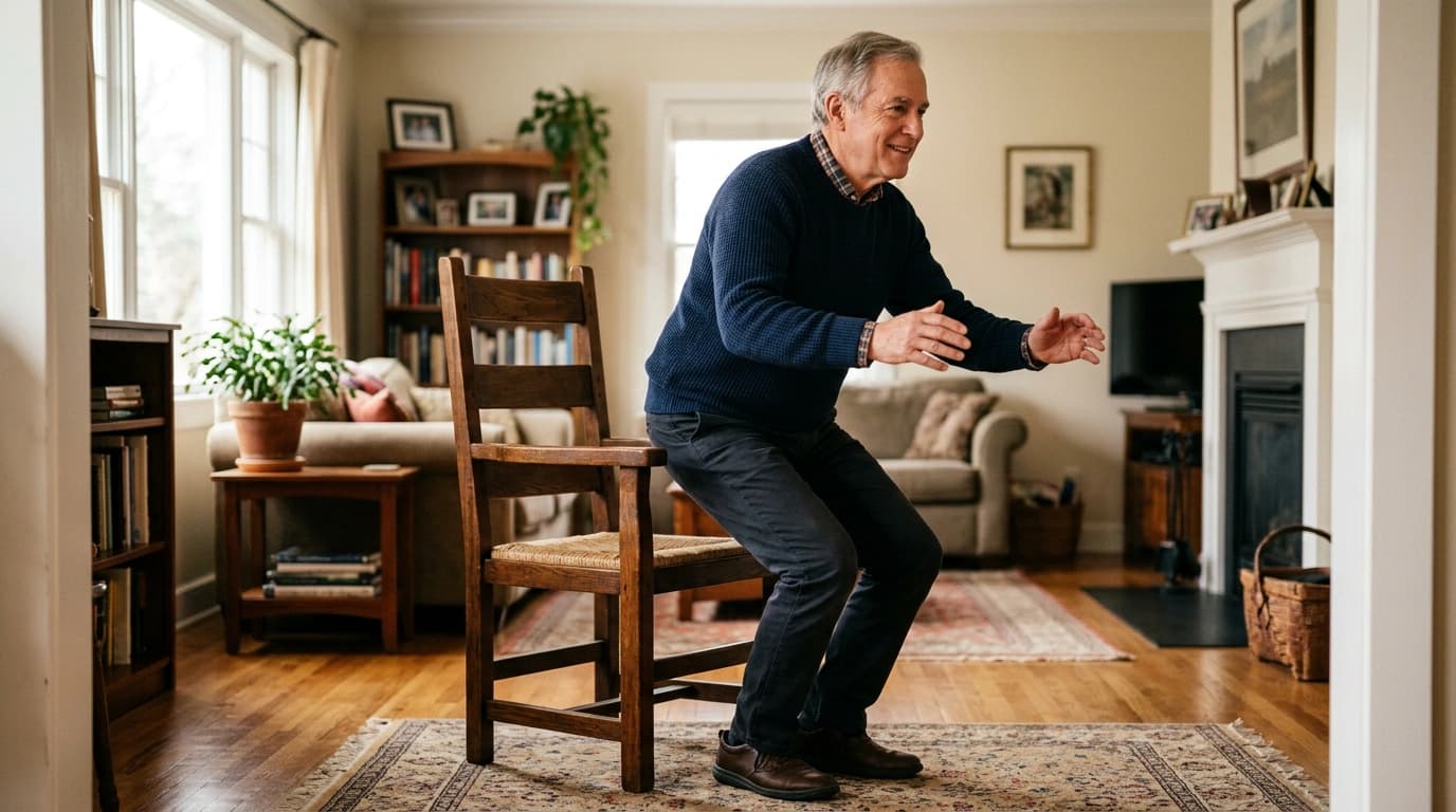 A man standing up from a sturdy chair in a sit-to-stand knee strengthening exercise