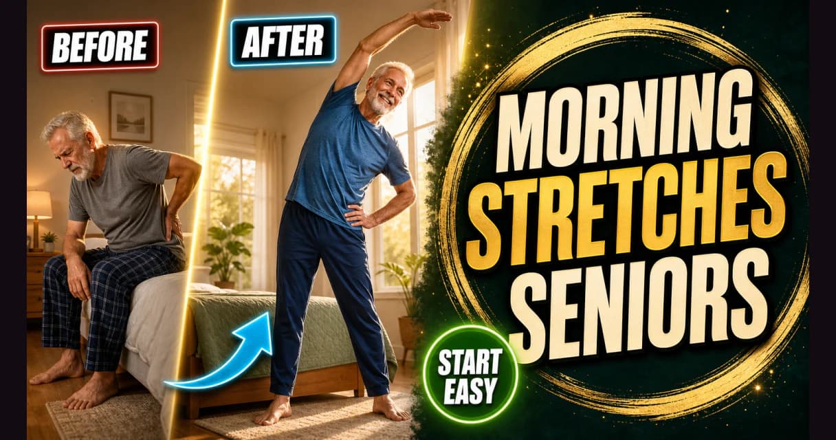 A senior man doing a gentle morning stretch beside his bed in soft morning light