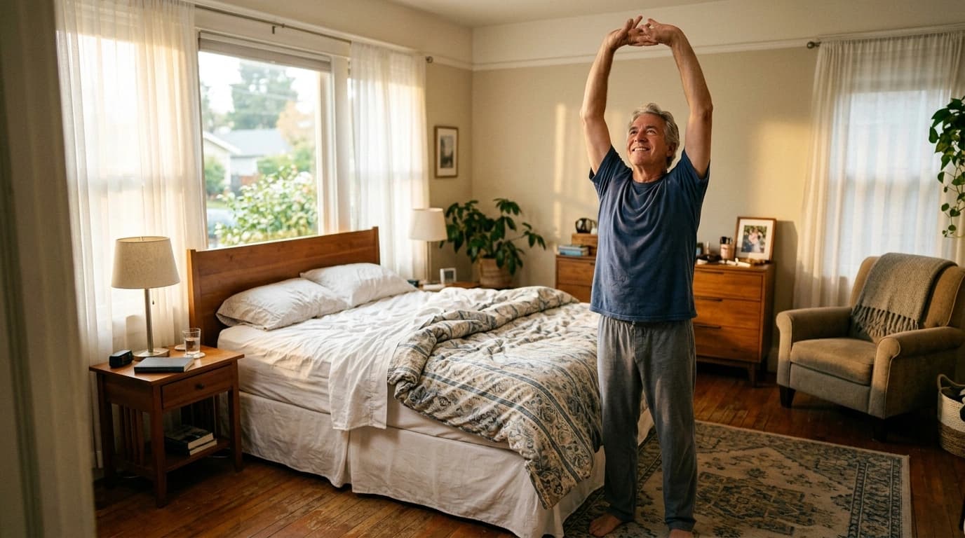 A senior man doing a gentle morning stretch beside his bed in soft morning light