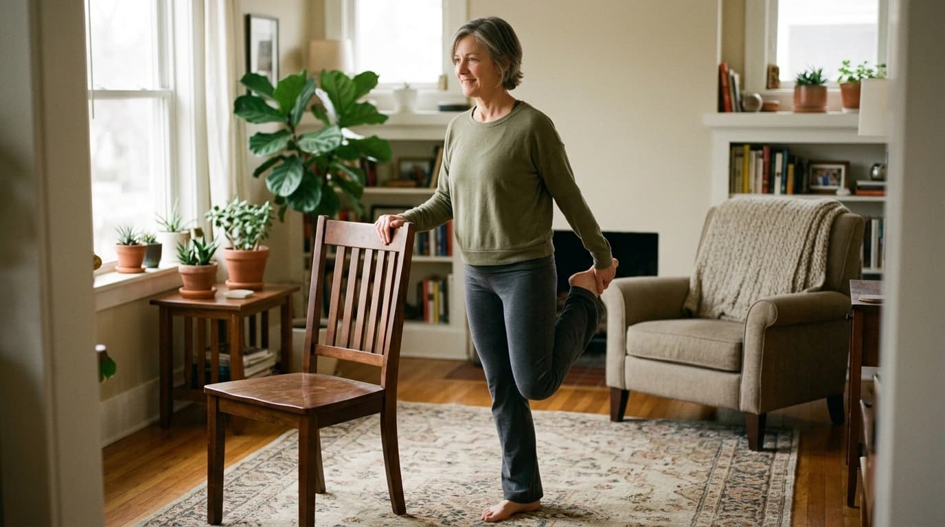 A woman doing a gentle standing quad stretch holding a chair for support