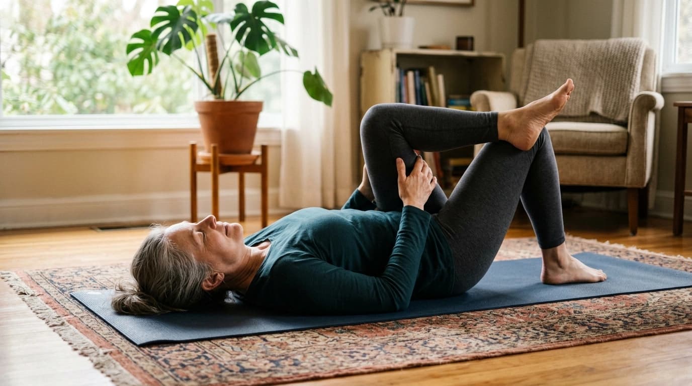 A woman lying on a mat doing a gentle reclined figure-four glute stretch for sciatica relief