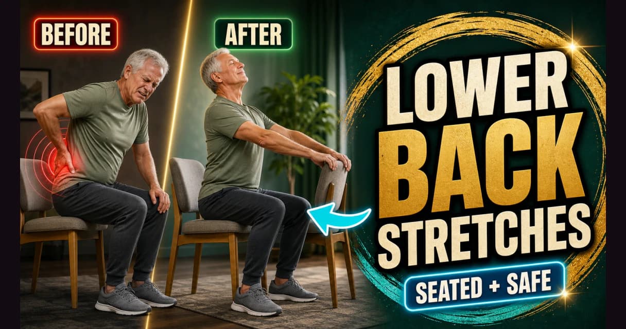 A senior woman doing a gentle seated back stretch with a relieved expression