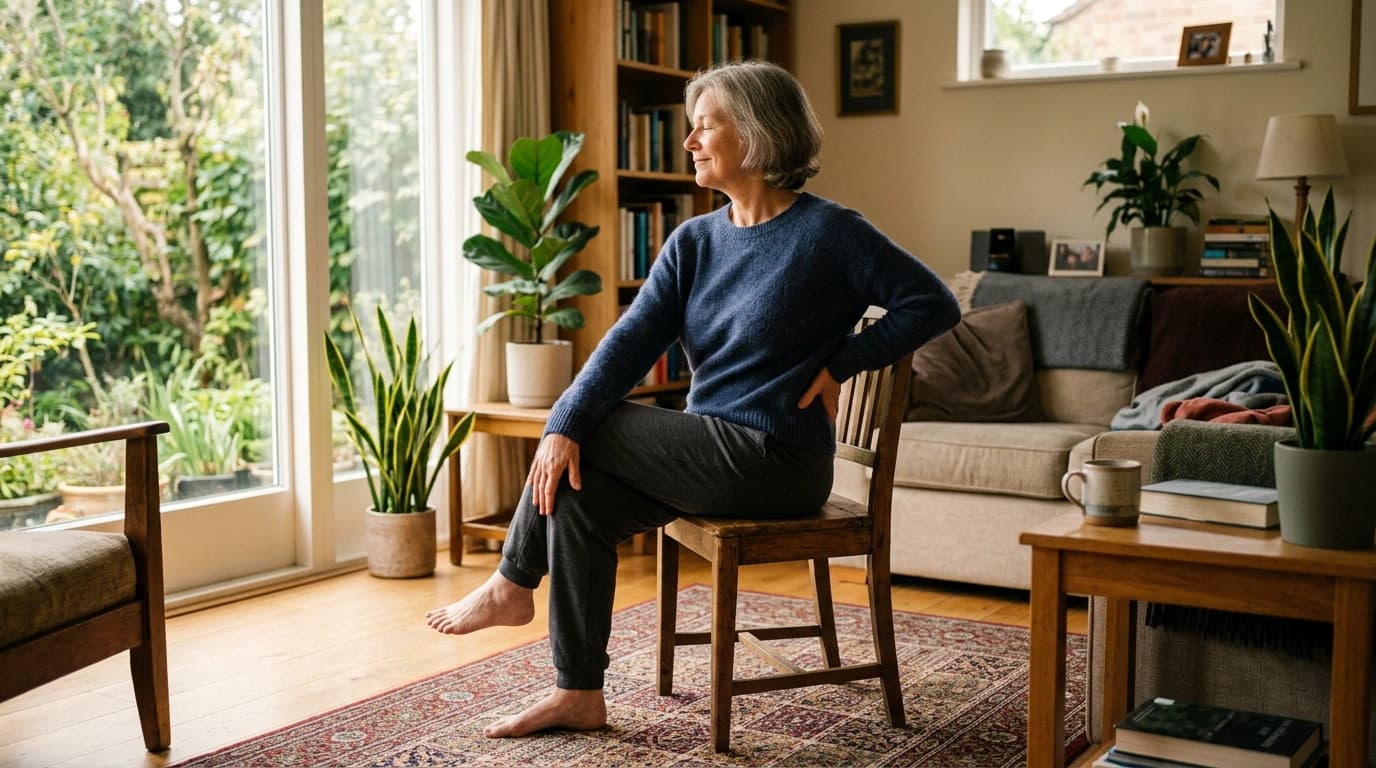 A senior woman doing a gentle seated back stretch with a relieved expression