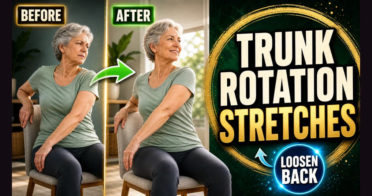 A woman doing a gentle seated trunk rotation, twisting to look over one shoulder
