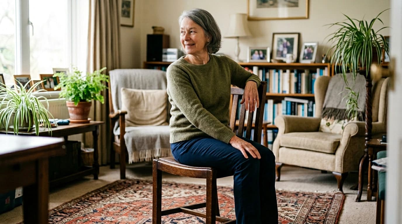 A woman doing a gentle seated trunk rotation, twisting to look over one shoulder