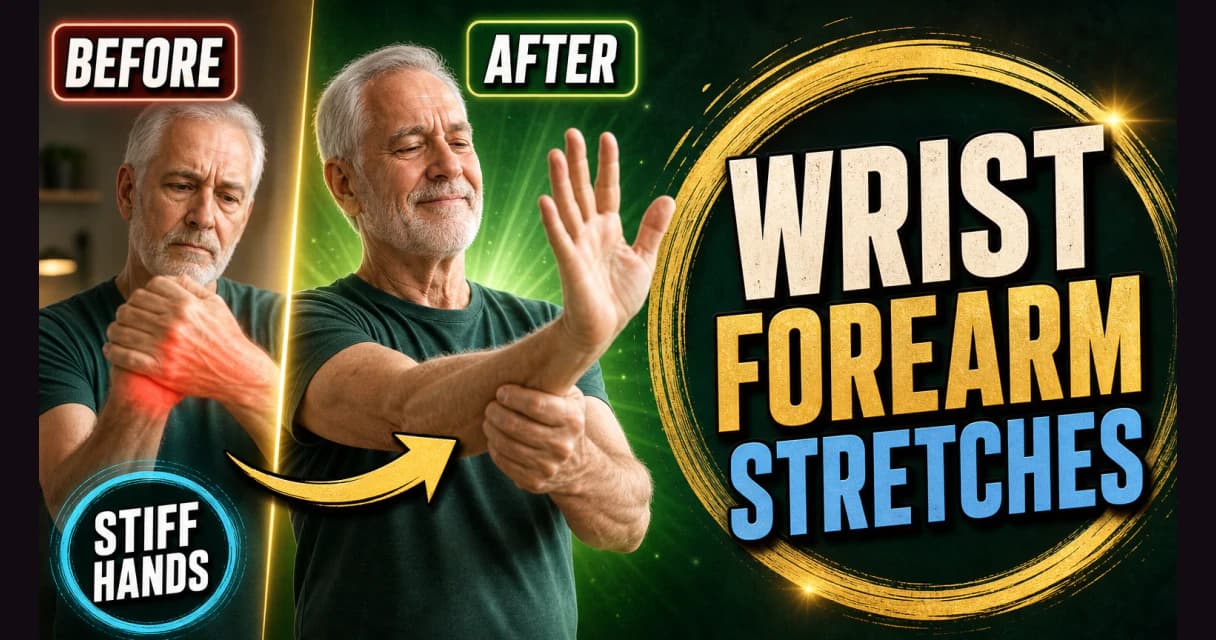 A man doing a gentle wrist flexor stretch at a desk, palm up, easing the fingers back