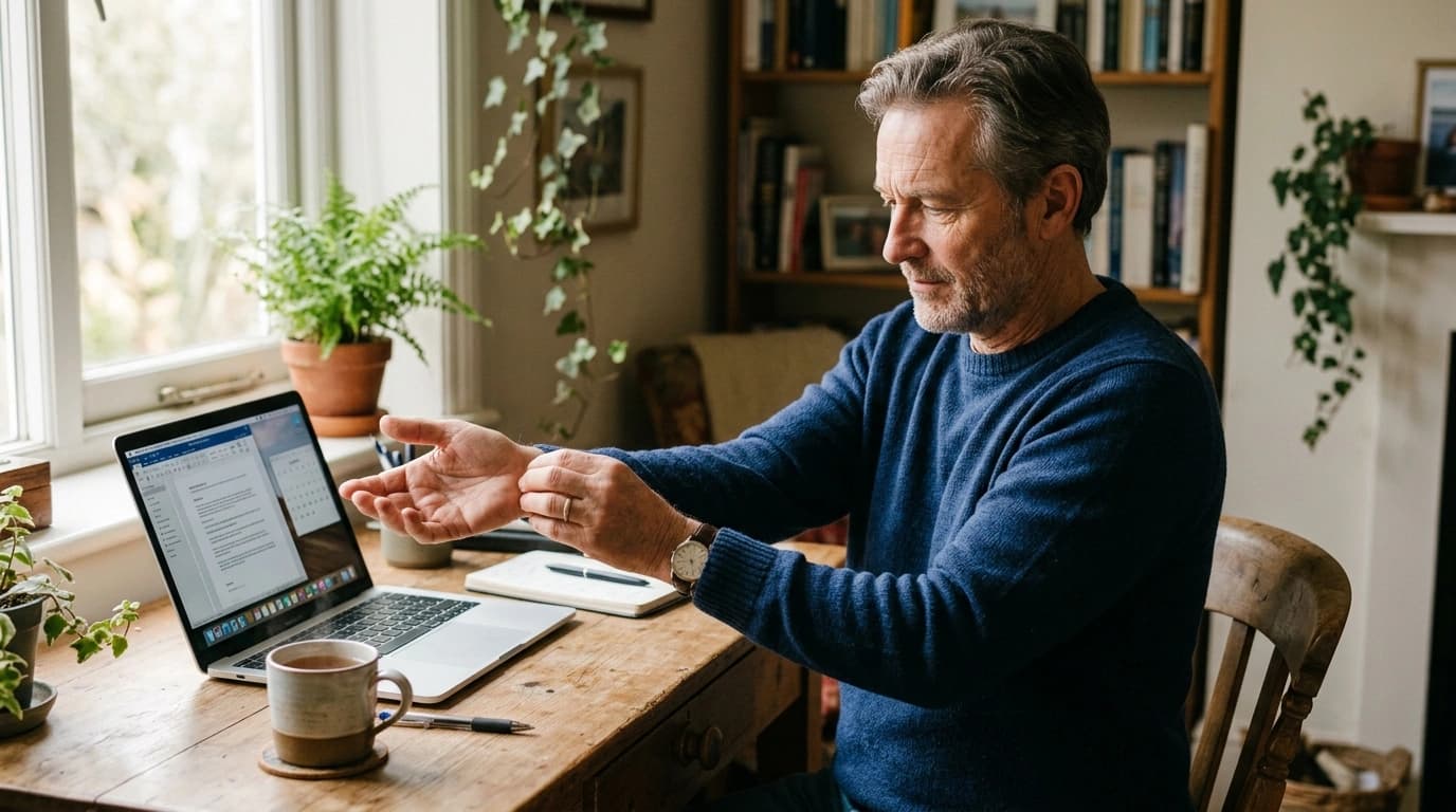 A man doing a gentle wrist flexor stretch at a desk, palm up, easing the fingers back