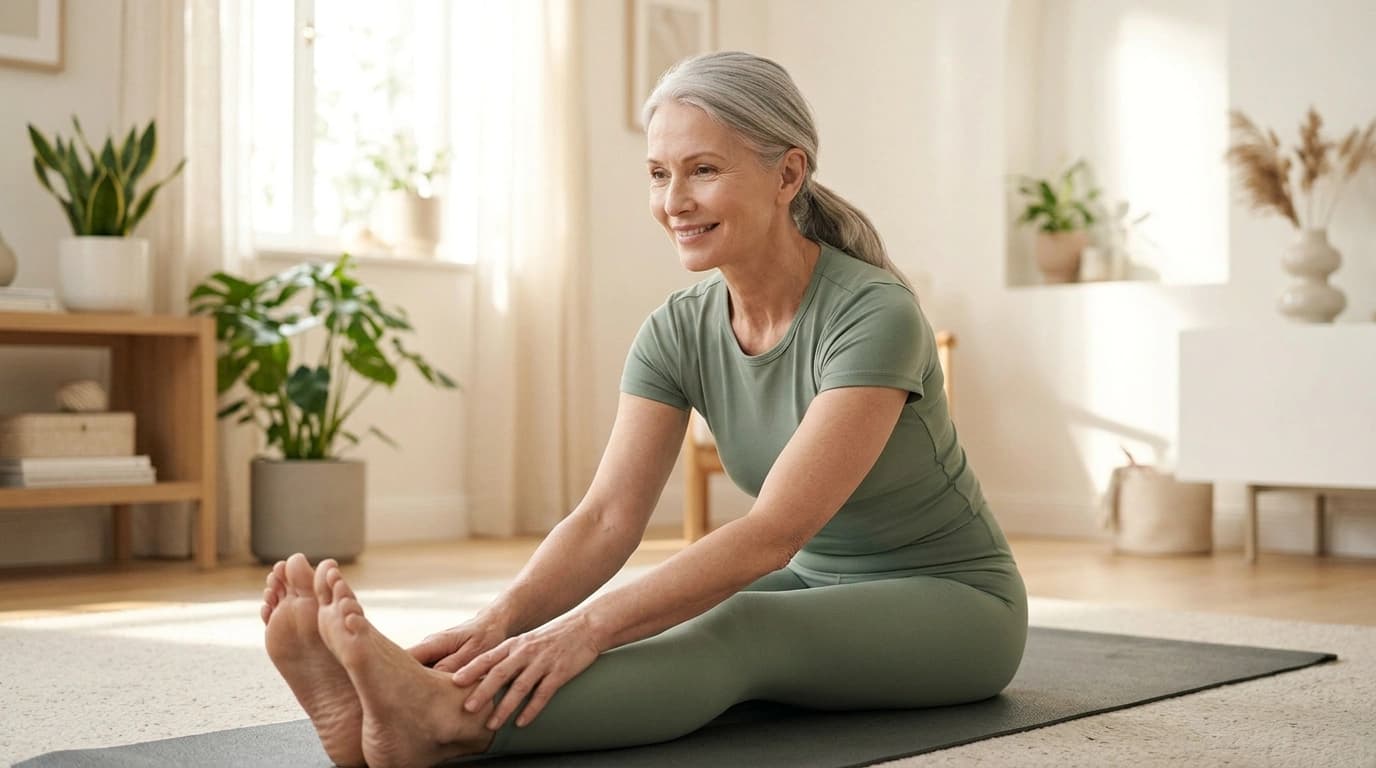 A simple, guided stretching routine on screen with clear visuals and timing
