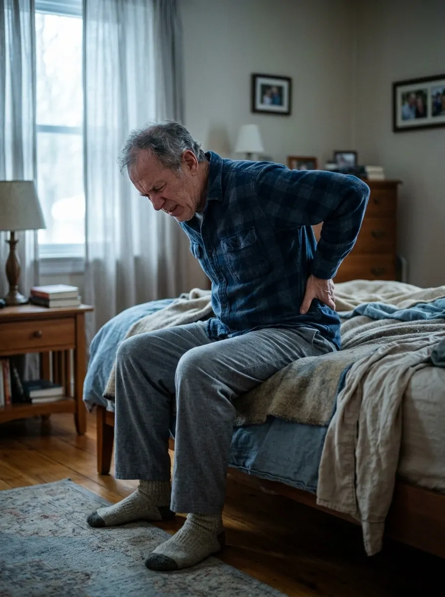 An older man sitting stiffly on the edge of the bed in the morning