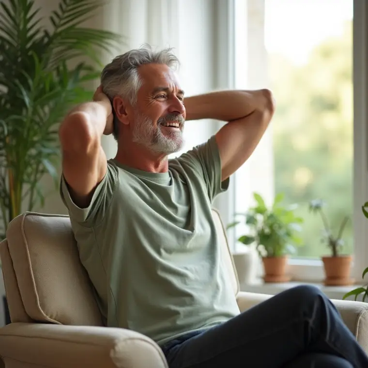 A relaxed older man doing a gentle seated stretch in a sunlit living room