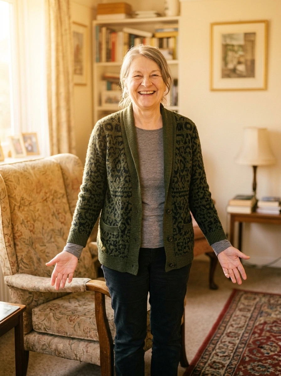 The same woman standing up easily with a relaxed smile after regular chair exercises