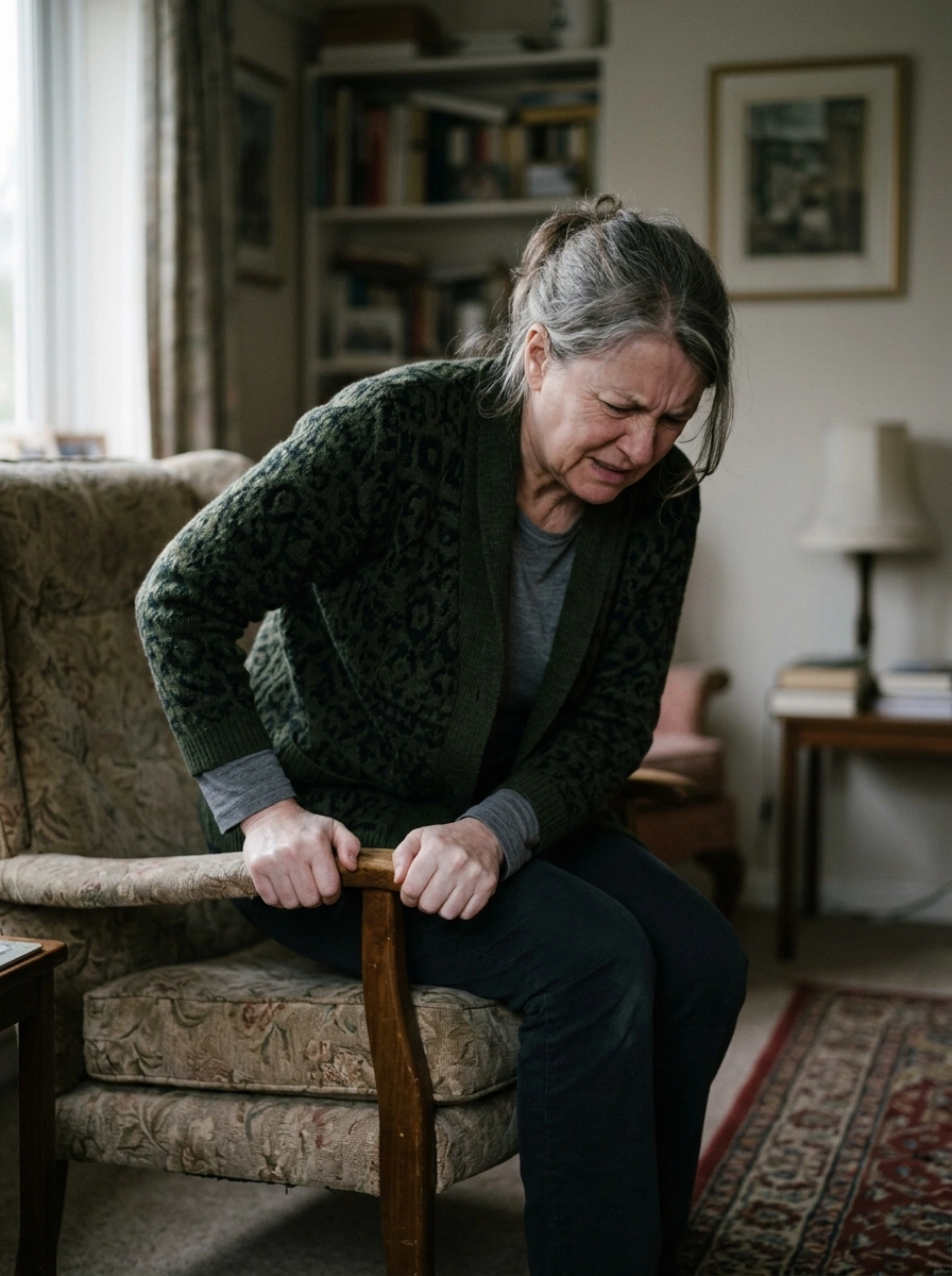 An older woman struggling and straining to get up out of a low chair